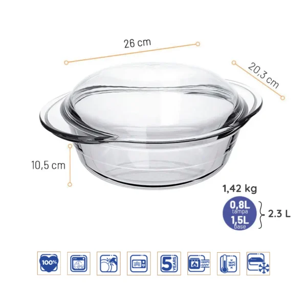 Cocotte Ronde en Verre avec Couvercle Marinex – 2,3 Litres
