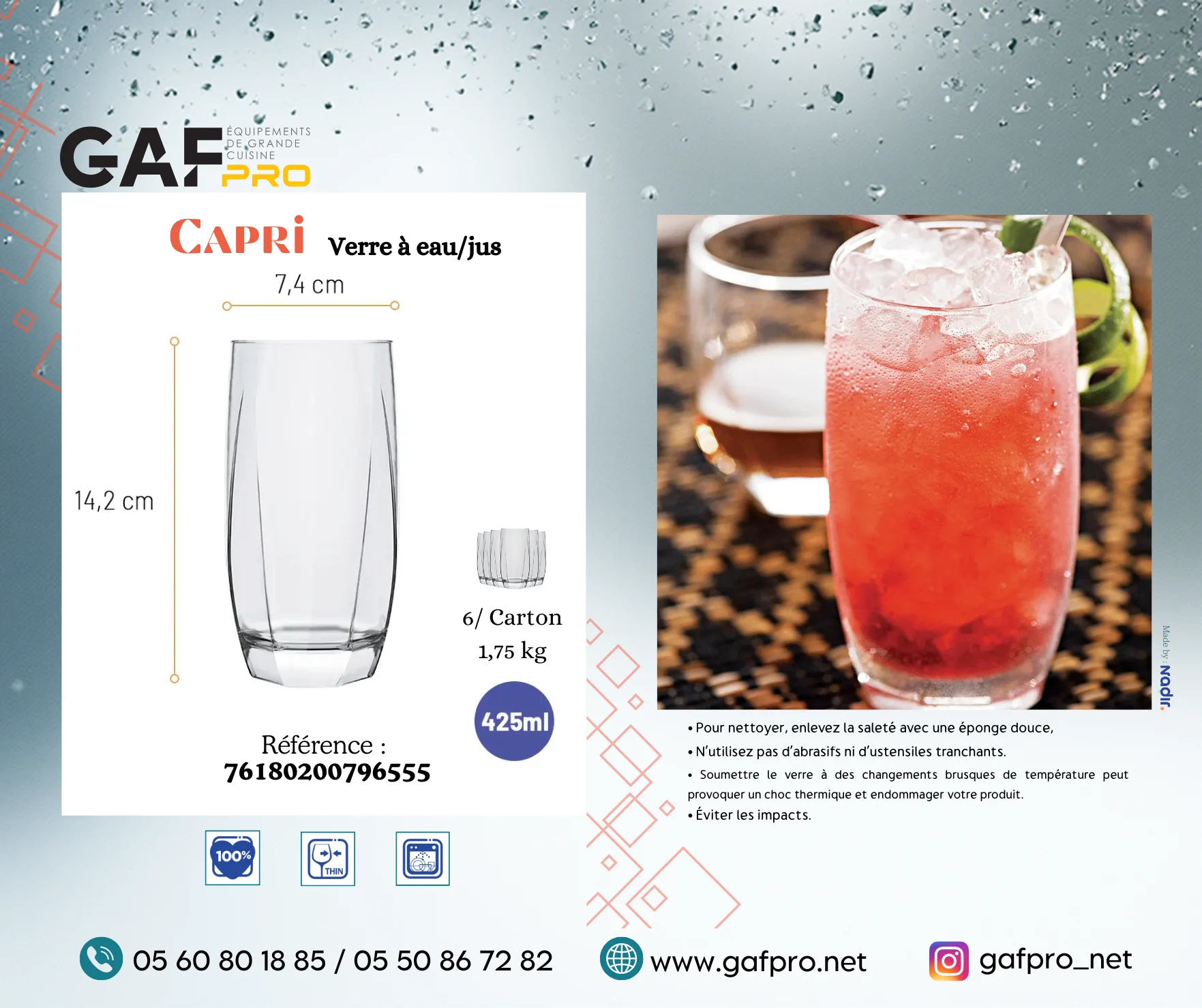 Verre Haut à Eau et Jus 425 ml - Gamme Capri par Nadir